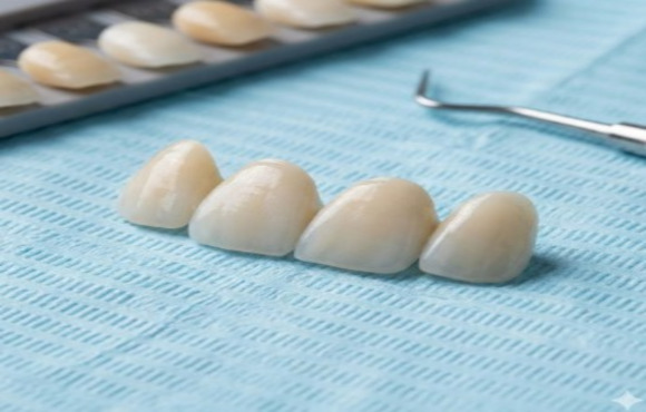 A close-up of four custom porcelain dental veneers resting on a light blue tray alongside a dental shade guide and tools at Yoha Dental Clinic.
