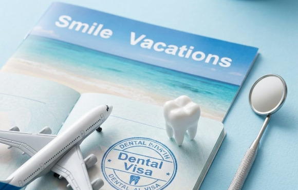 A travel-themed conceptual arrangement featuring a passport with a dental visa stamp, a miniature airplane, a tooth model, and a dental mirror on a light blue background, representing international dental tourism services.