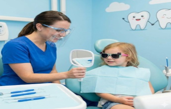 A friendly pediatric dentist showing a happy young girl her healthy smile in a hand mirror during a comfortable dental visit.