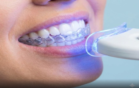 A close-up of a patient receiving professional laser teeth whitening treatment using clear dental trays and a blue LED light.